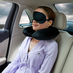 8512 3 in 1 Comfortable Travel Sleeping Kit, Neck Pillow, Eye Mask & Ear Plug Set Inflatable Plane Sleeping Pillow Head Neck Support Pillows for Travel Airplane Office, Black