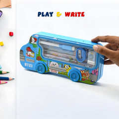 Bus Shape Compass Box for Boys, Kids School Accessories | Pencil Box with Wheels for Girls and Kids, String Operated Case Students School Supplies - Stationery Set Organizer Birthday Return Gift for Kids