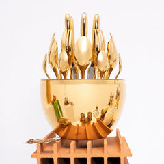 Premium Cutlery Set 24 Pcs with Oval Shaped Stand | Beautiful Stylish Oval Designed Cutlery Sets, Egg-Shaped Luxury Spoon Holder Set (Golden / 24 pcs set)