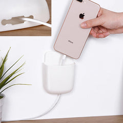 Wall-mounted storage for mobile with charging dock.